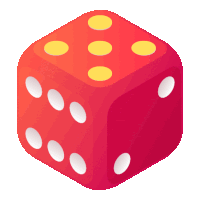 a red dice with white dots and yellow circles