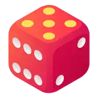 a red dice with white dots and yellow circles