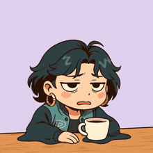 a cartoon of a girl sitting at a table holding a cup of coffee