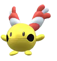 a yellow cartoon character with red and white wings