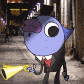 a cartoon character in a suit and top hat holding a trumpet