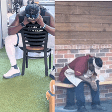 a man sitting in a chair and a man sitting on a bench with his head down