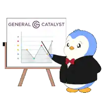 a penguin in a tuxedo points at a chart on a board that says general g catalyst