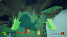 a screenshot of a video game shows a glowing green glove and a glowing red glove