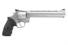 a stainless steel revolver with a black grip and a black barrel on a white background .