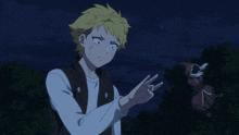 a man with yellow hair is holding a fishing rod in his hand