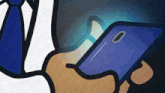 a man in a blue tie is holding a blue cell phone