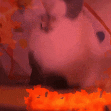 a close up of a cat 's face in a painting with fire behind it .