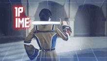 a man is holding a sword in a video game .