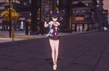 a girl with a cat ear is holding two swords in front of a building that has chinese writing on it