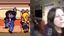 a woman is talking into a microphone next to a pixel art of a girl