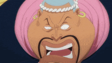 a close up of a cartoon character with a pink turban on his head