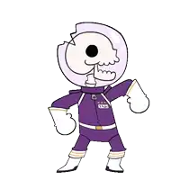 a cartoon character is wearing a purple space suit with a skull on his head