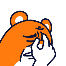 a cartoon drawing of a hand touching an orange bear 's nose