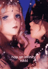 a couple of anime characters with the words hop on infinity nikki on the bottom