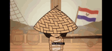 a cartoon of a man with a straw hat and a flag behind him that says but for such a