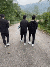 a group of people are walking down a road .