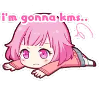 a little girl with pink hair is laying on the floor with the words " i 'm gonna kms " written above her