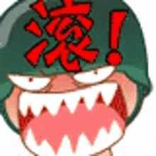 a cartoon character with a helmet on his head and a big mouth with teeth and a red exclamation point .