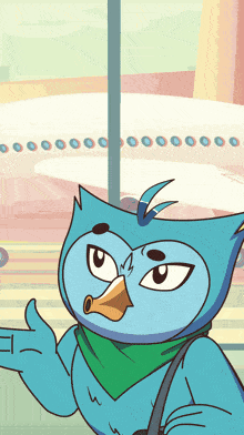 a cartoon of an owl wearing a green scarf and giving a thumbs up