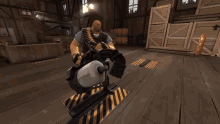 a man is holding a gun in a room with a lot of crates