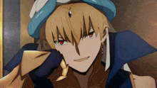 a man with yellow hair and red eyes is wearing a blue turban
