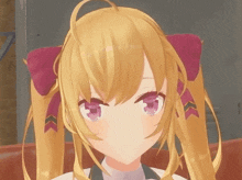 a close up of a girl 's face with blonde hair and purple eyes