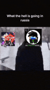 a person standing in the snow with the words what the hell is going in russia at the top