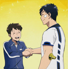 two anime characters shaking hands with one wearing a jacket that says npm