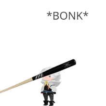 a cartoon character is standing next to a baseball bat that says * bonk * on the bottom