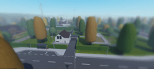 an aerial view of a residential area with a white house and trees