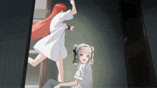 two anime girls are standing next to each other in a room .