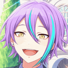 a close up of a person 's face with purple and blue hair