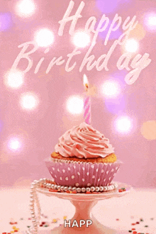 a pink cupcake with a pink frosting and a pink candle on a pink background with the words happy birthday happ
