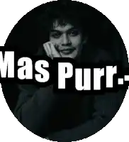 a black and white photo of a man with the name mas purr written on it