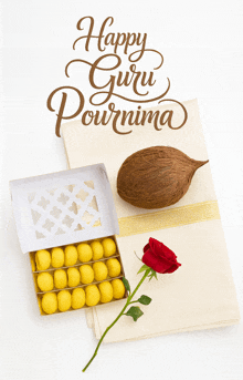 a card that says happy guru pournima with a box of yellow balls and a rose