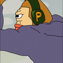 a cartoon character is wearing headphones with the letter p on it