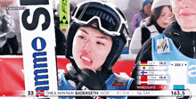 a woman wearing a ski helmet and goggles stands in front of a sign that says immo