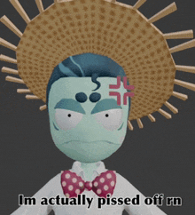 a cartoon character is wearing a straw hat and a bow tie and says i 'm actually pissed off rn