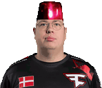a man wearing glasses and a red hat is wearing a black shirt with the letter f on it .