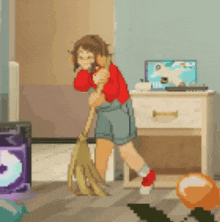 a pixel art illustration of a girl sweeping the floor with a broom .