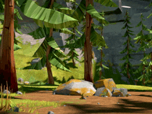 a cartoon of a forest with trees and rocks and a sign that says ' a ' on it
