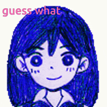 a drawing of a girl with blue hair and the words " guess what " above her