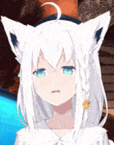 a girl with white hair and blue eyes is wearing a hat and a flower in her hair .