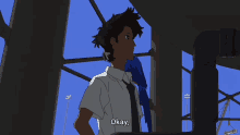 a cartoon character says " we 're good here " in front of a blue sky