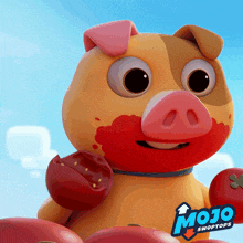 a mojo swoptops pig is holding a red apple