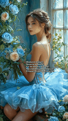 a woman in a blue dress is holding a bouquet of blue flowers