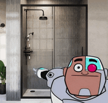 a cartoon character with a red nose is in a shower