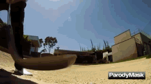 a parody mask video shows a person riding a skateboard down a dirt road