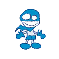 a blue cartoon character with a scarf around his neck is smiling and giving a peace sign